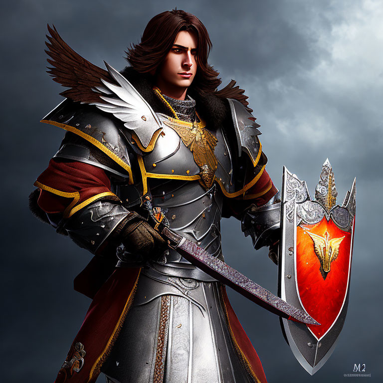 Detailed fantasy knight digital artwork with armor, feathered shoulder piece, decorative sword, shield with fiery emblem