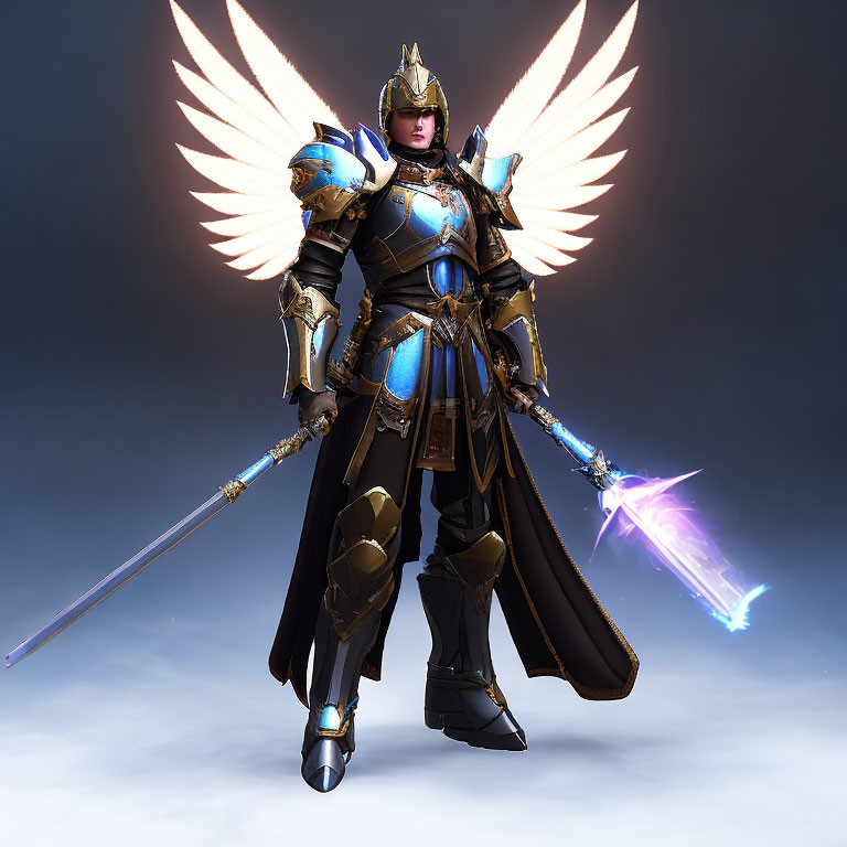 Majestic character in blue and gold armor with glowing sword and angelic wings