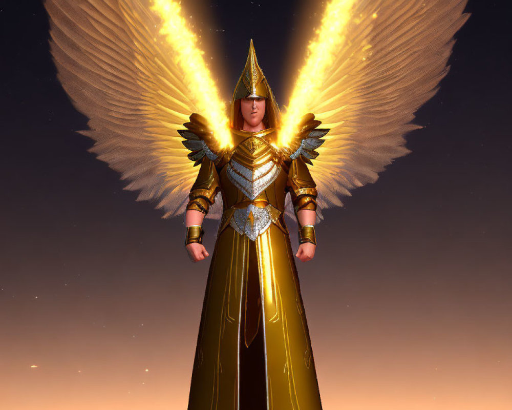 Golden-armored figure with winged helmet and outstretched wings under dusk sky.