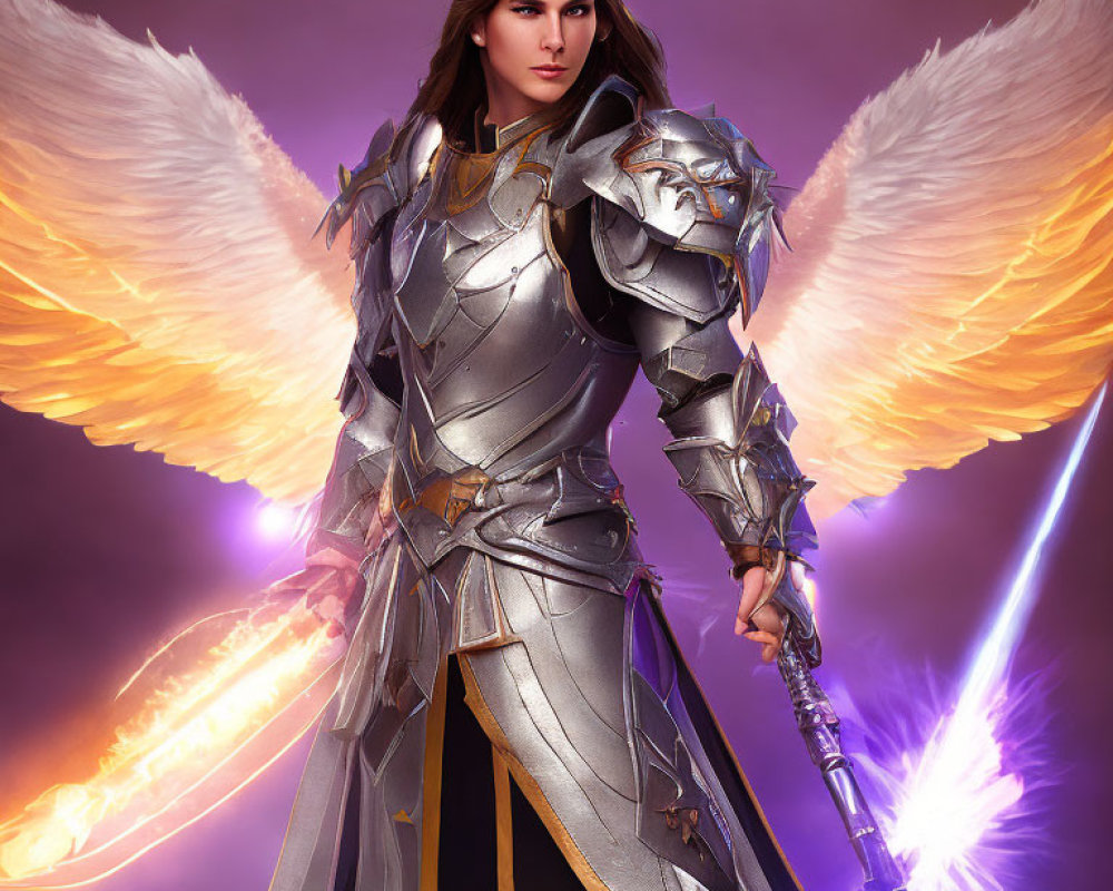 Digital artwork: Warrior with angelic wings in ornate armor and glowing sword on purple background