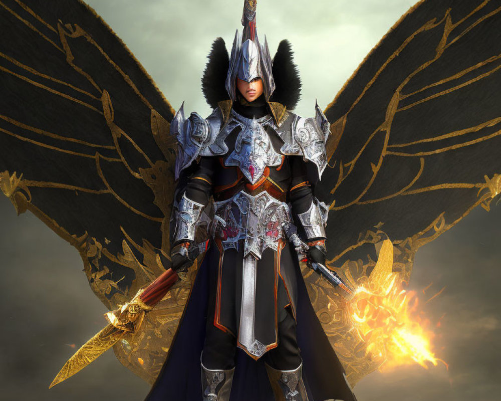 Armored fantasy warrior with wings holding flaming sword and shield in stormy sky.