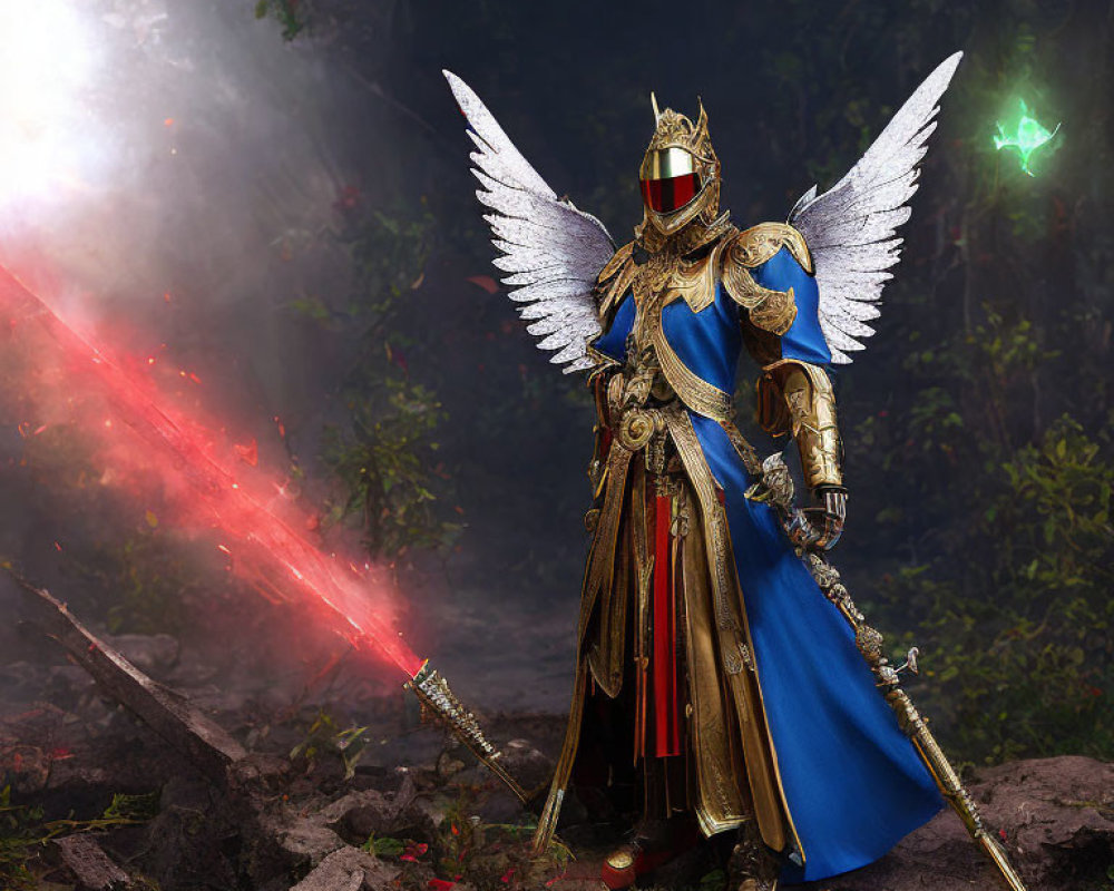 Knight with angelic wings in red and blue tunic and golden armor in misty forest with sword