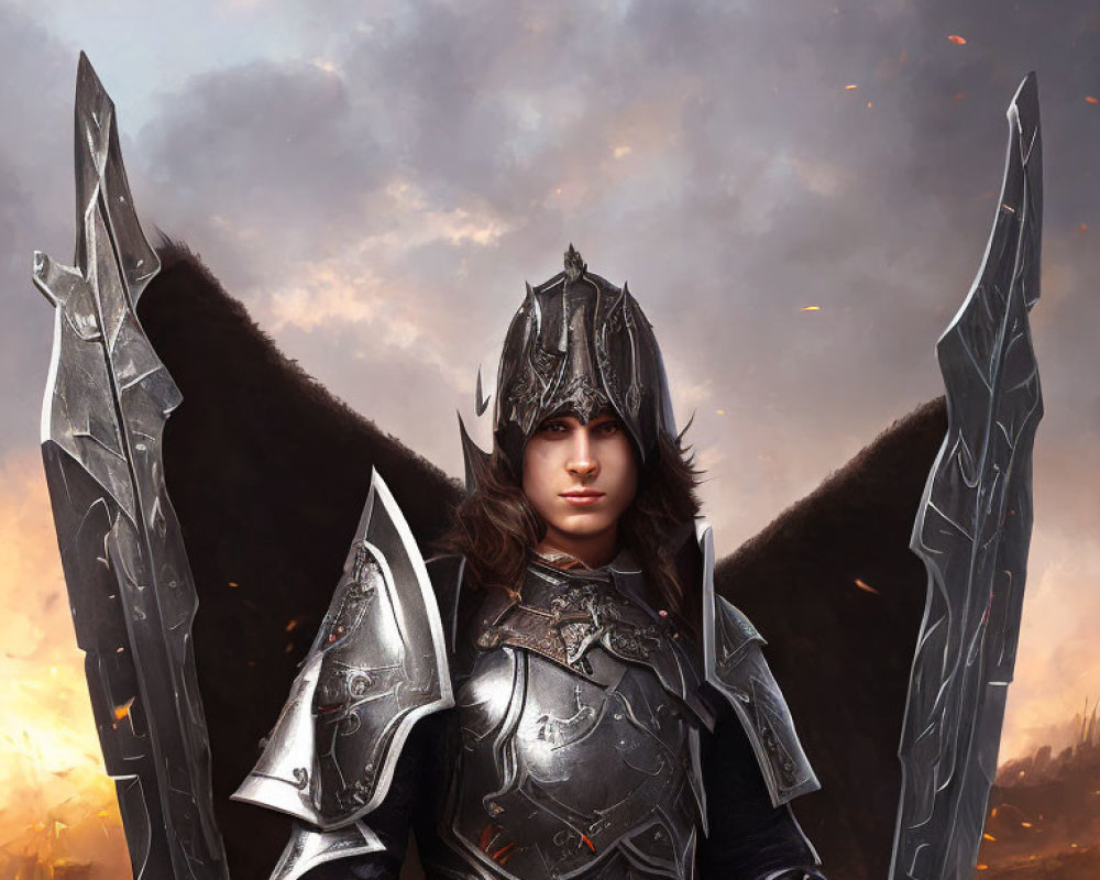 Silver-armored warrior with fur cloak and wing-like structures in dusky sky