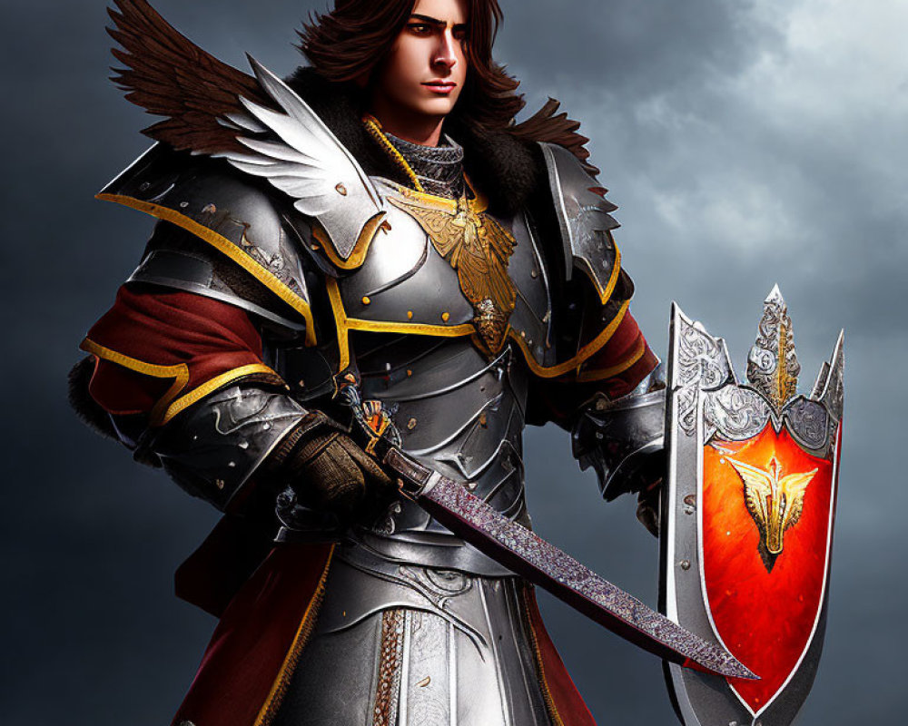 Detailed fantasy knight digital artwork with armor, feathered shoulder piece, decorative sword, shield with fiery emblem