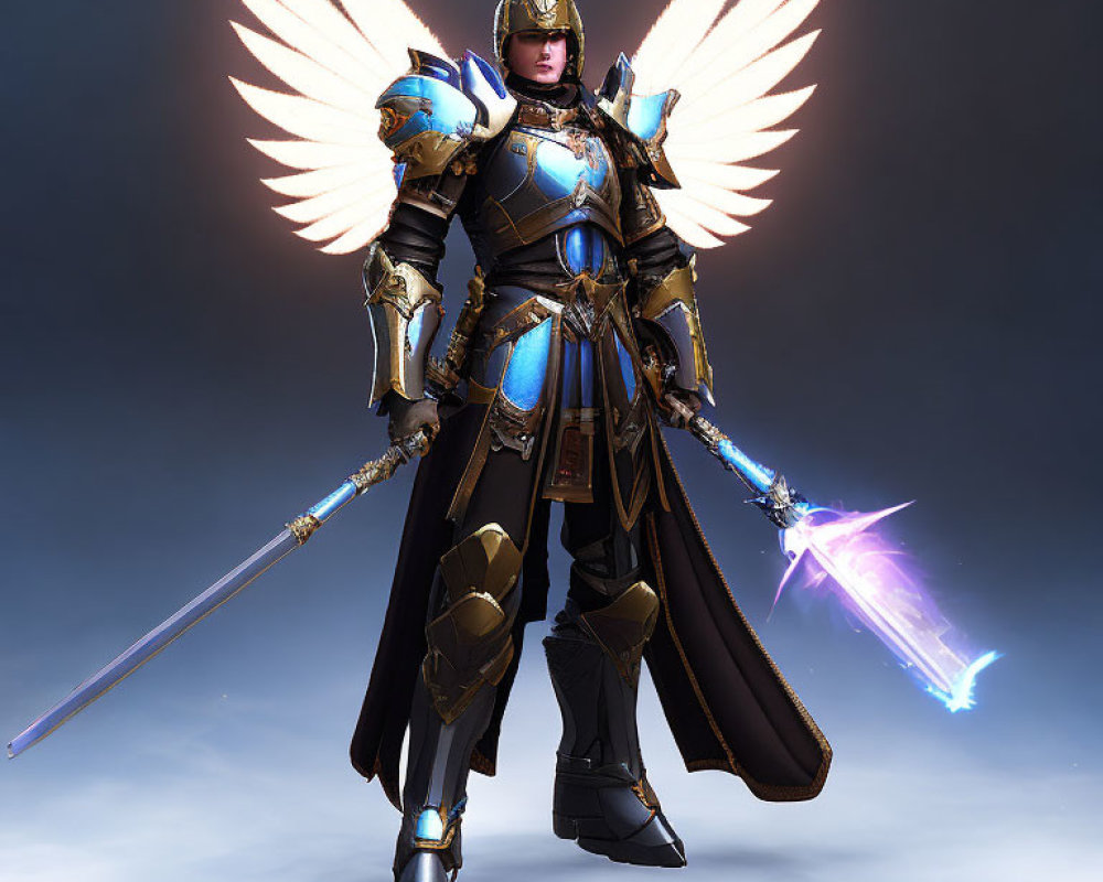Majestic character in blue and gold armor with glowing sword and angelic wings