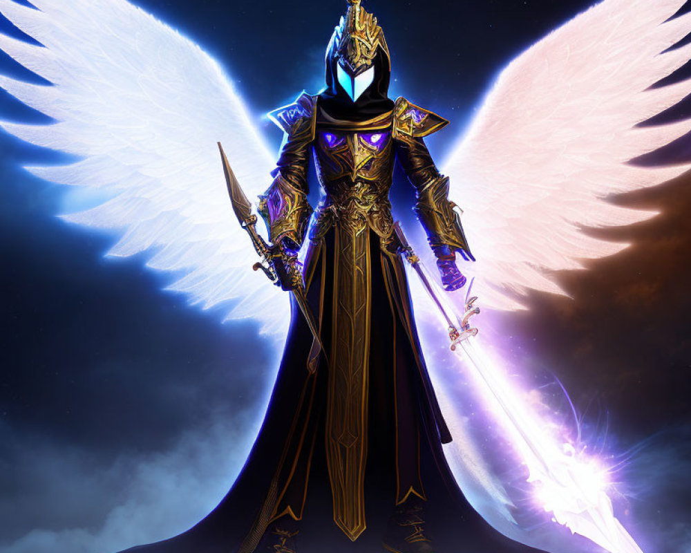 Armored figure with luminous wings wielding radiant sword in dark cosmic setting