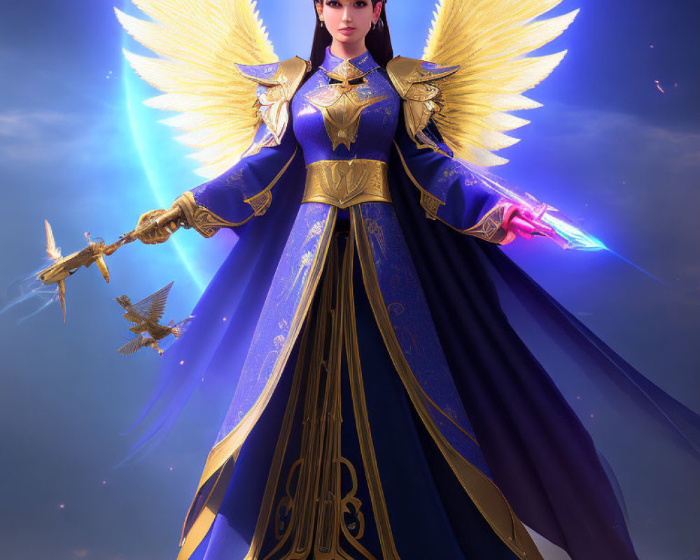 Regal figure in blue robe with golden armor and scepter surrounded by wings and magic