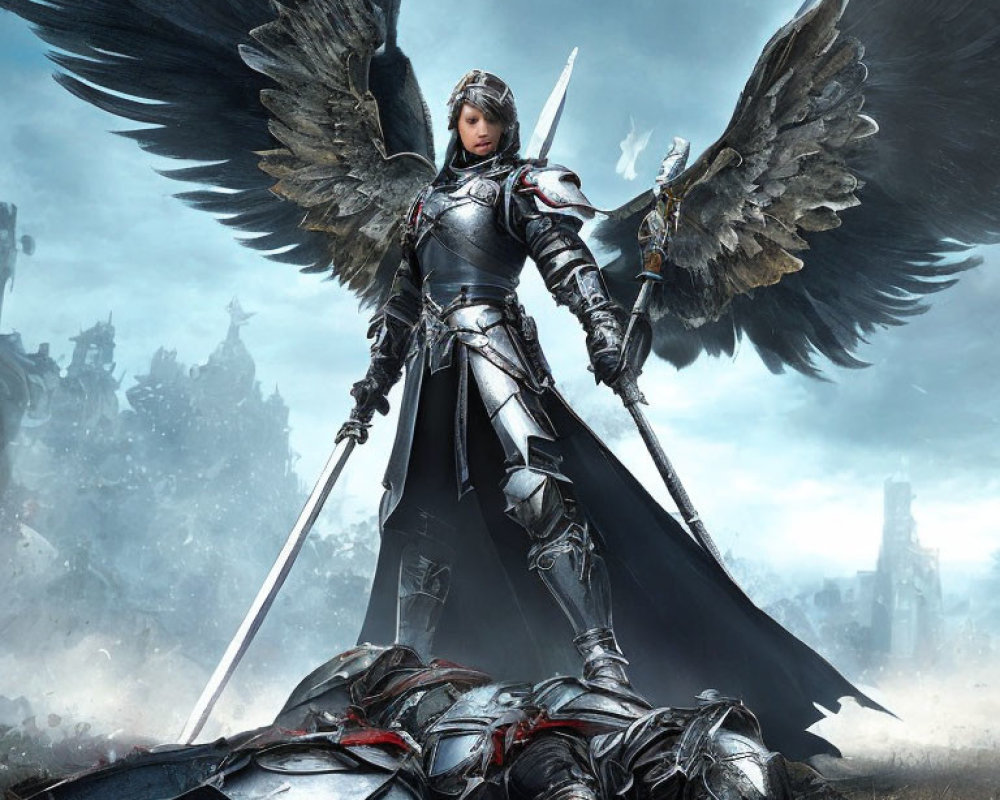 Female warrior in silver armor with wings holding a sword on battlefield