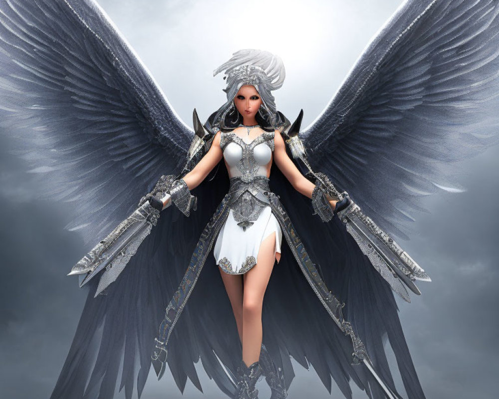 Warrior with Black Wings in Silver Armor and White Dress, Dual Swords, Grey Background