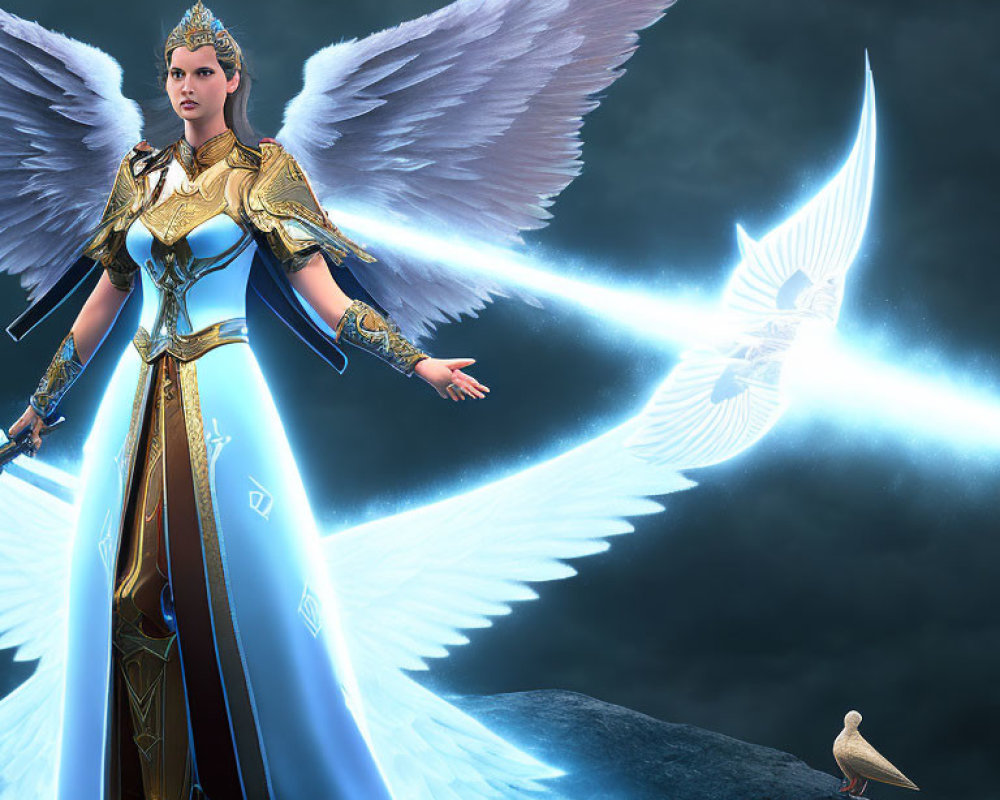 Female warrior with white wings and golden armor in mystical setting with dove