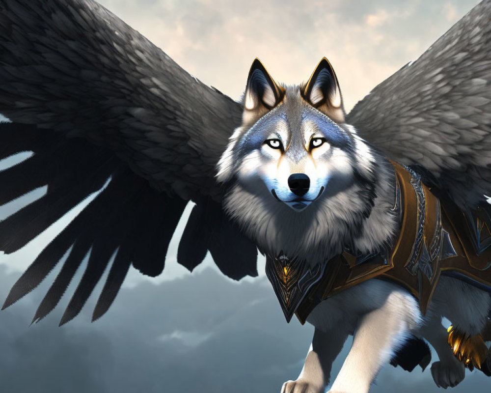 Fantasy wolf with wings and armor in cloudy sky