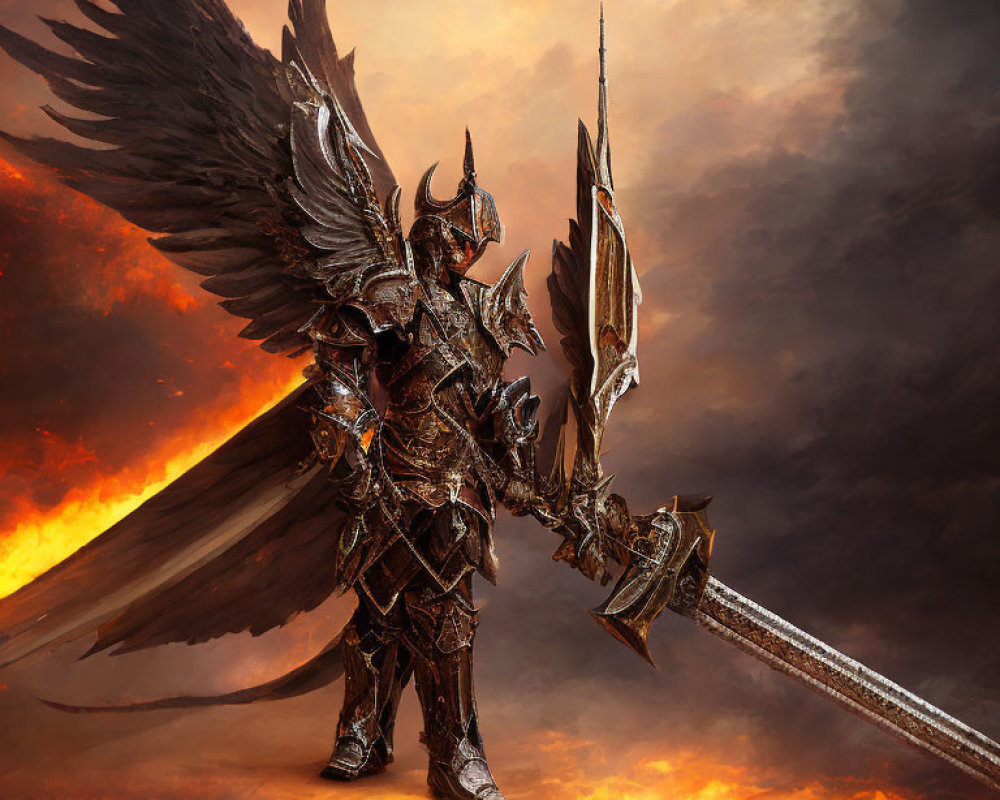 Armored figure with black wings and spear in fiery fantasy setting.