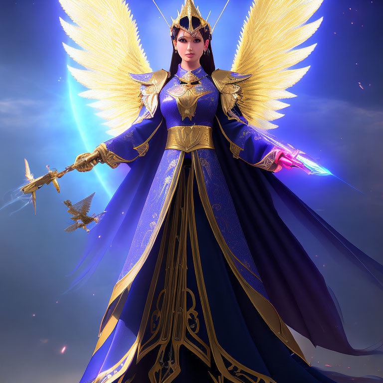 Regal figure in blue robe with golden armor and scepter surrounded by wings and magic