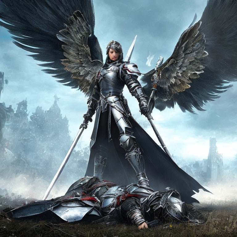 Female warrior in silver armor with wings holding a sword on battlefield