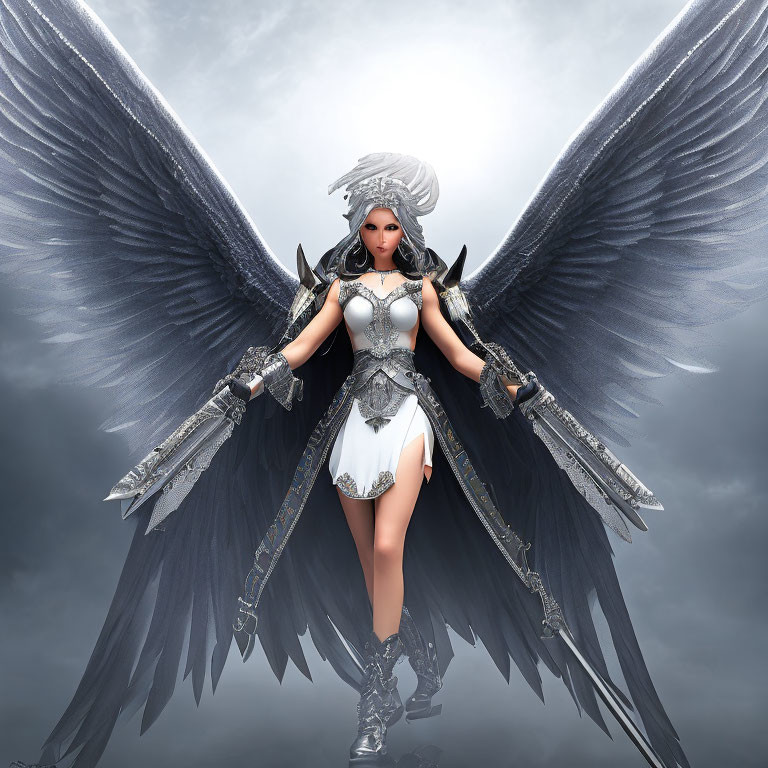 Warrior with Black Wings in Silver Armor and White Dress, Dual Swords, Grey Background