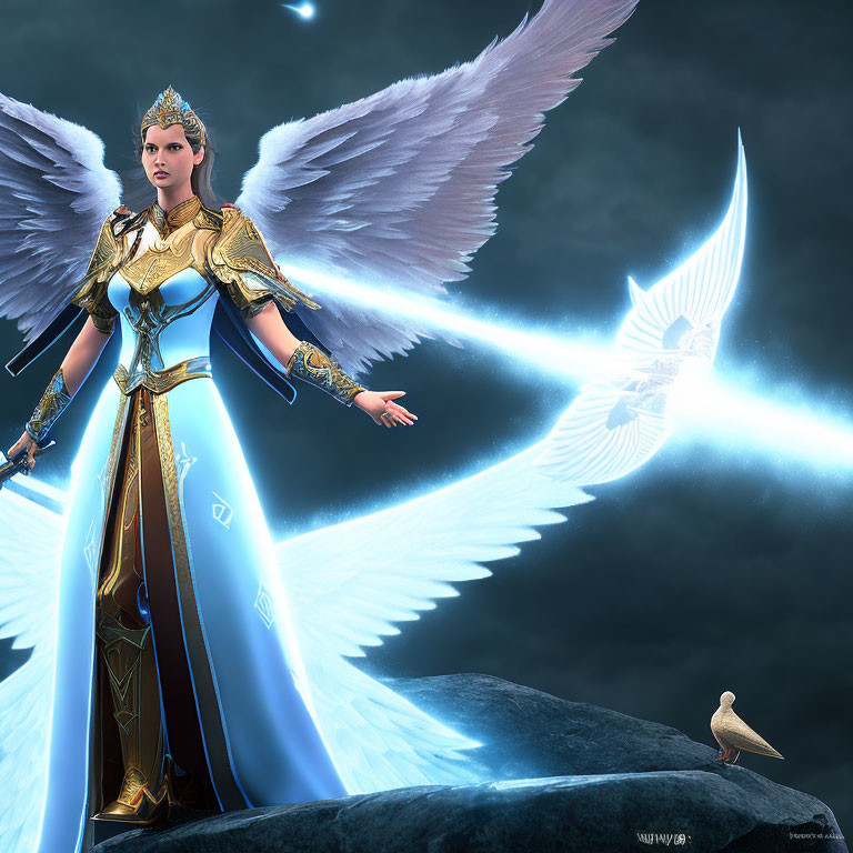 Female warrior with white wings and golden armor in mystical setting with dove