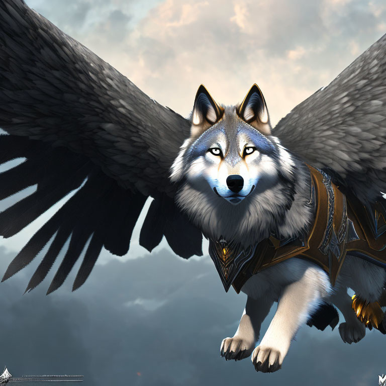 Fantasy wolf with wings and armor in cloudy sky