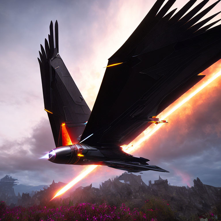 Black spaceship with orange engines lands on rugged terrain with purple flowers under dramatic dusk sky