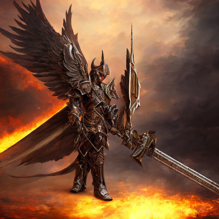Armored figure with black wings and spear in fiery fantasy setting.