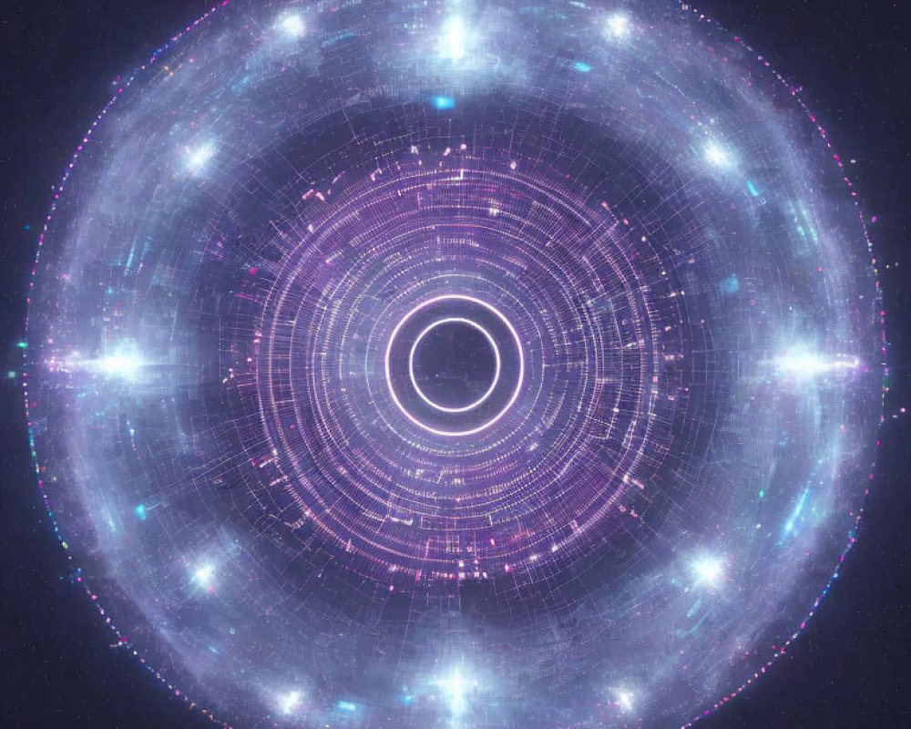 Abstract Cosmic Illustration: Circular Rings & Bright Lights on Dark Background