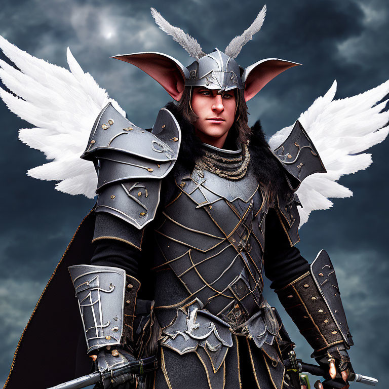 Fantasy warrior with white feathered wings, pointed ears, and dark armor under moonlit sky