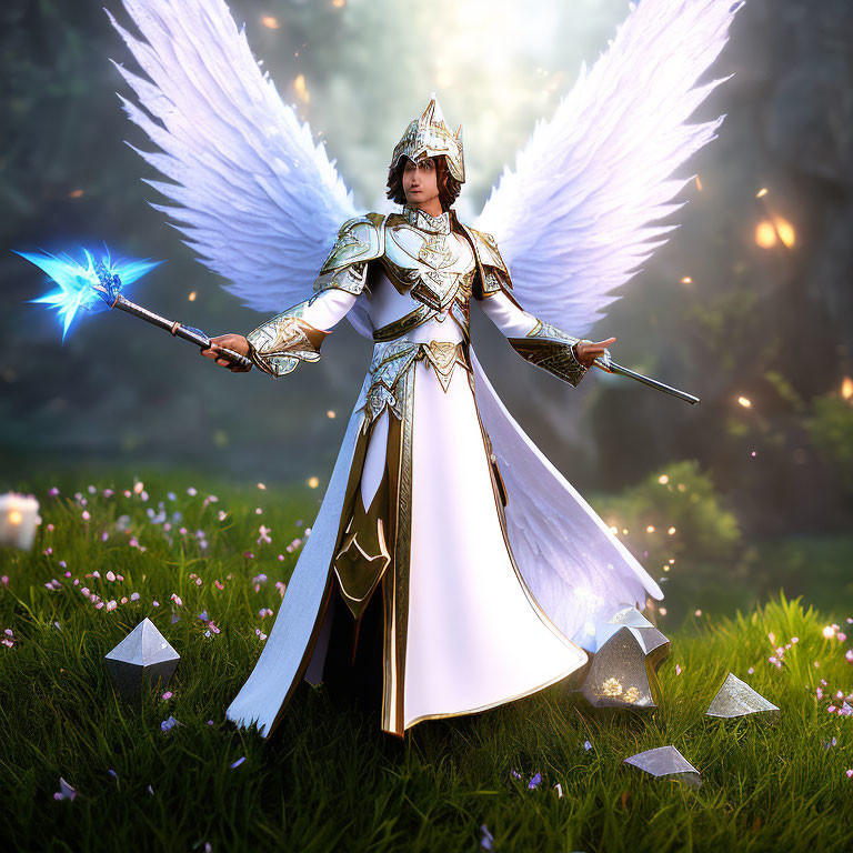 Majestic angelic warrior in ornate armor with glowing wings, blue staff, and sword