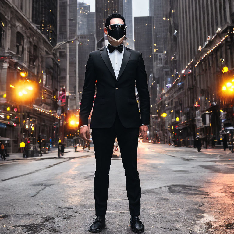 Man in Black Suit and Sunglasses Wearing Face Mask in City Street