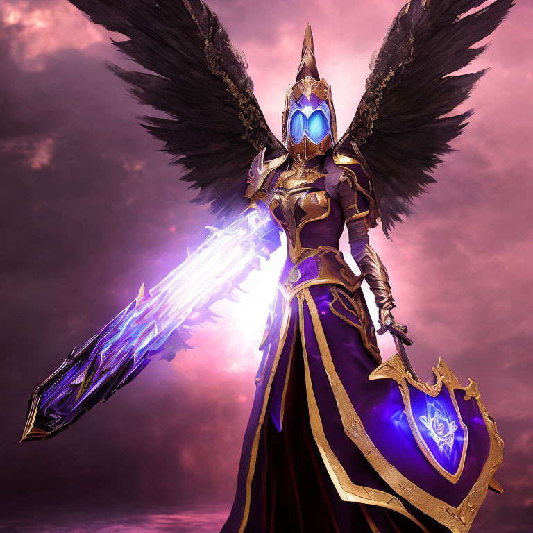 Armored figure with dark wings and glowing blue sword in pink sky