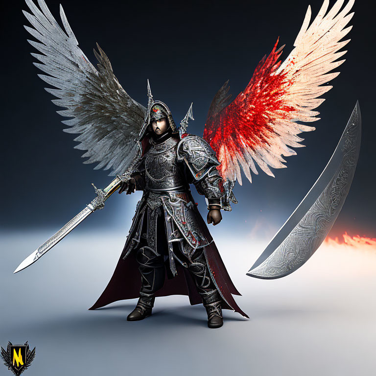 Warrior with Angelic Wings in Ornate Armor and Sword on Dark Background