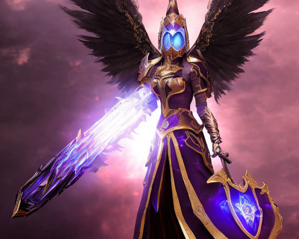 Armored figure with dark wings and glowing blue sword in pink sky