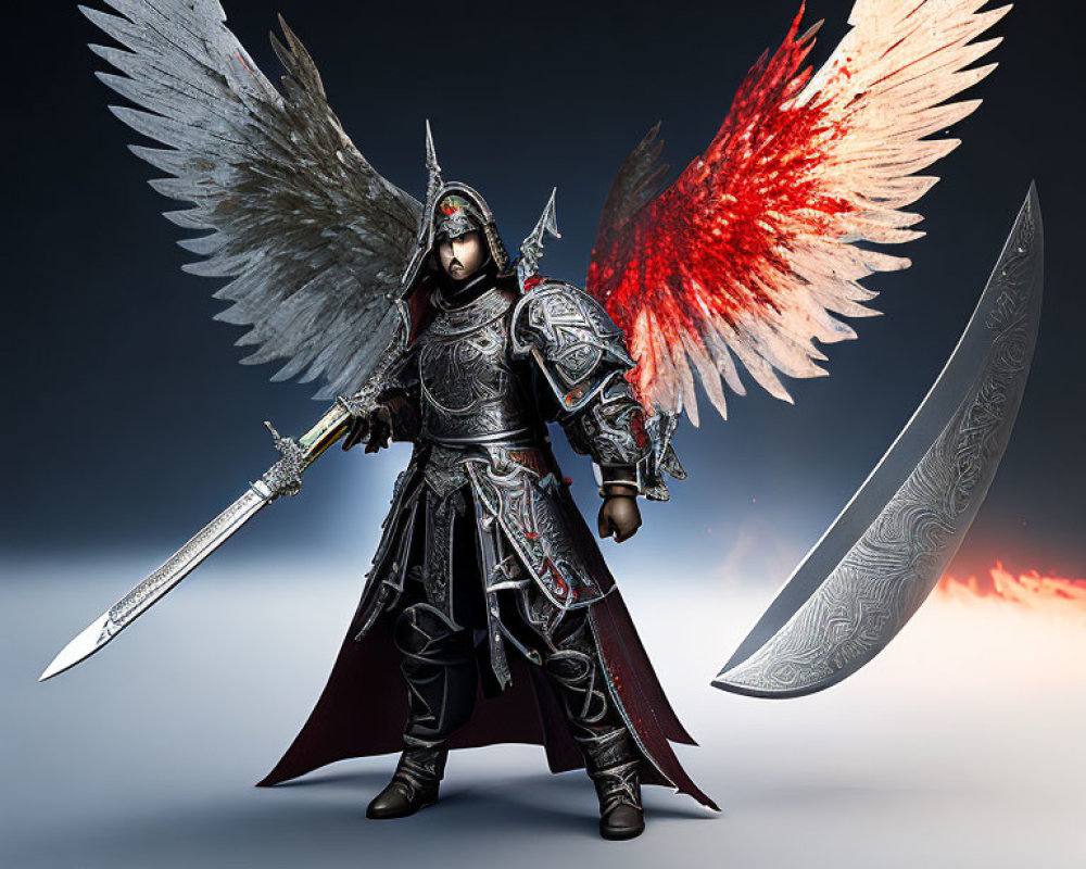 Warrior with Angelic Wings in Ornate Armor and Sword on Dark Background