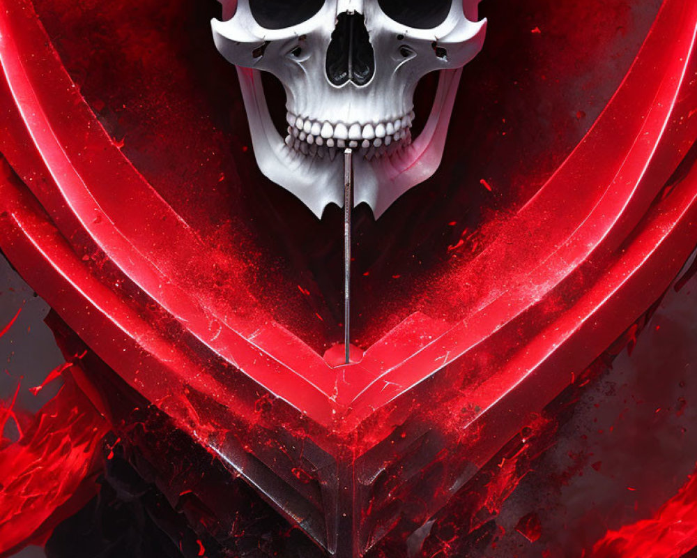 Skull and sword emblem on red and black background