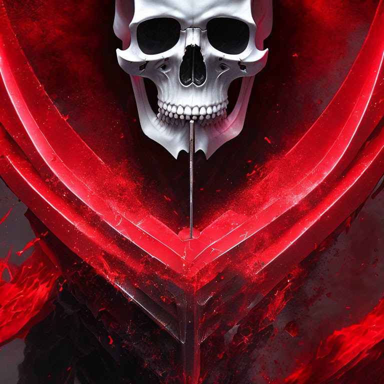 Skull and sword emblem on red and black background