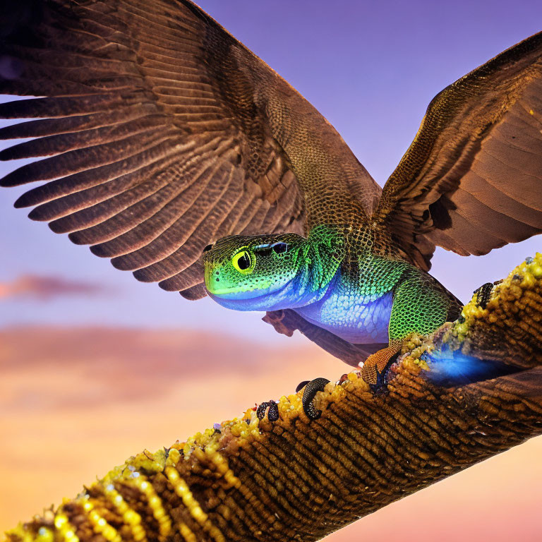 Colorful lizard and bird in nature scene at dusk