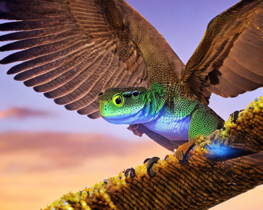 Colorful lizard and bird in nature scene at dusk