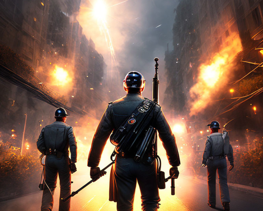 Armed Figures in Uniform Facing Fiery Urban Chaos