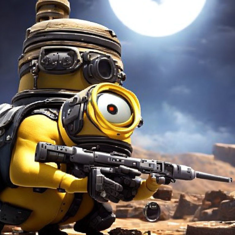 Minion in combat gear with rifle in desert landscape