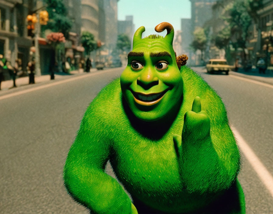 Animated green ogre walking in city street, smiling and showing peace sign