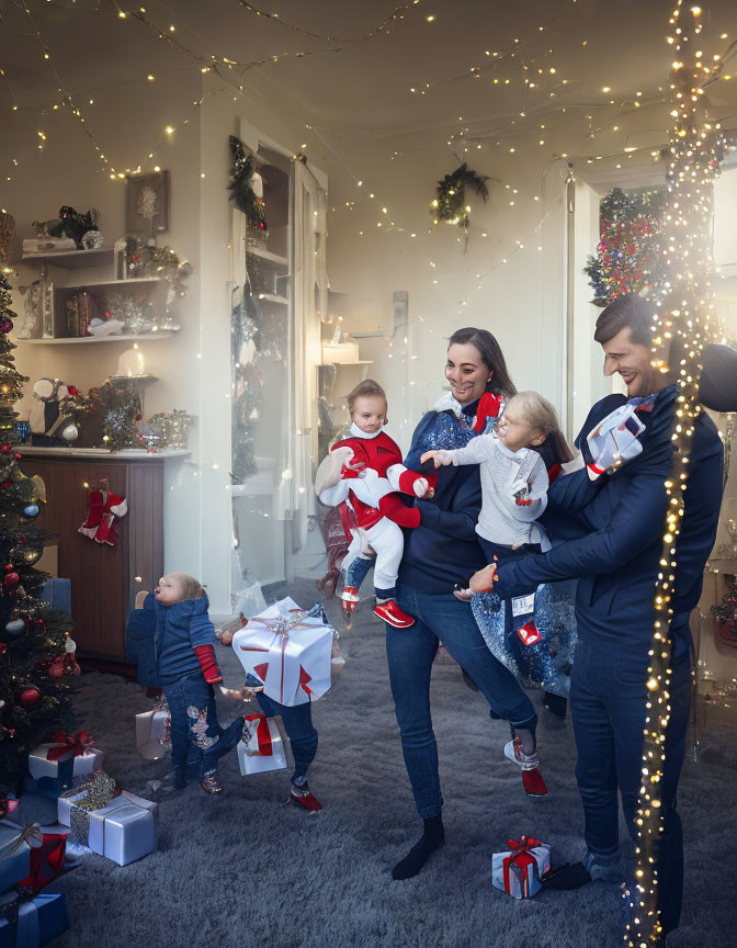 Family of five celebrates Christmas at home with tree, lights, and presents