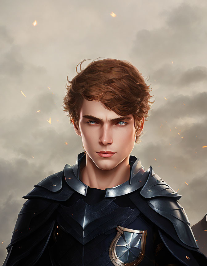 Young man in dark armor with shield emblem, blue eyes, brown wavy hair, amidst floating em