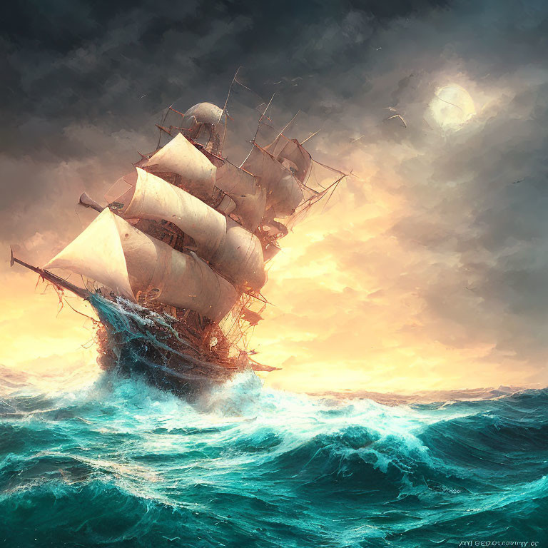 Sailing ship with billowing sails on turbulent seas at sunset