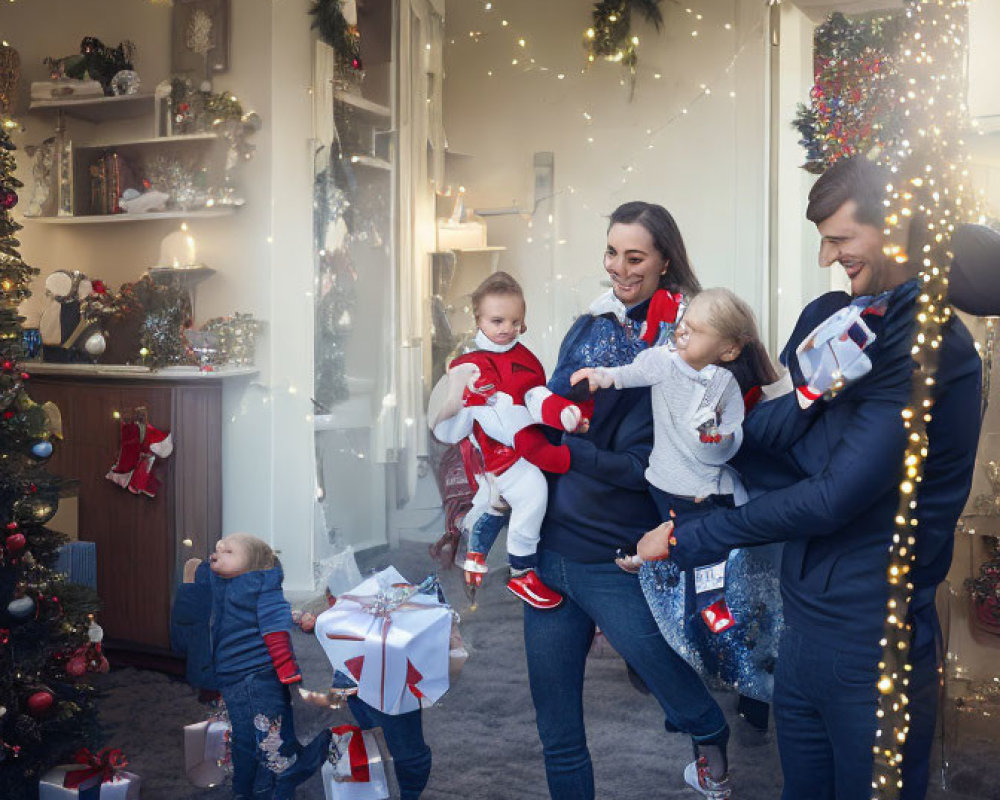 Family of five celebrates Christmas at home with tree, lights, and presents