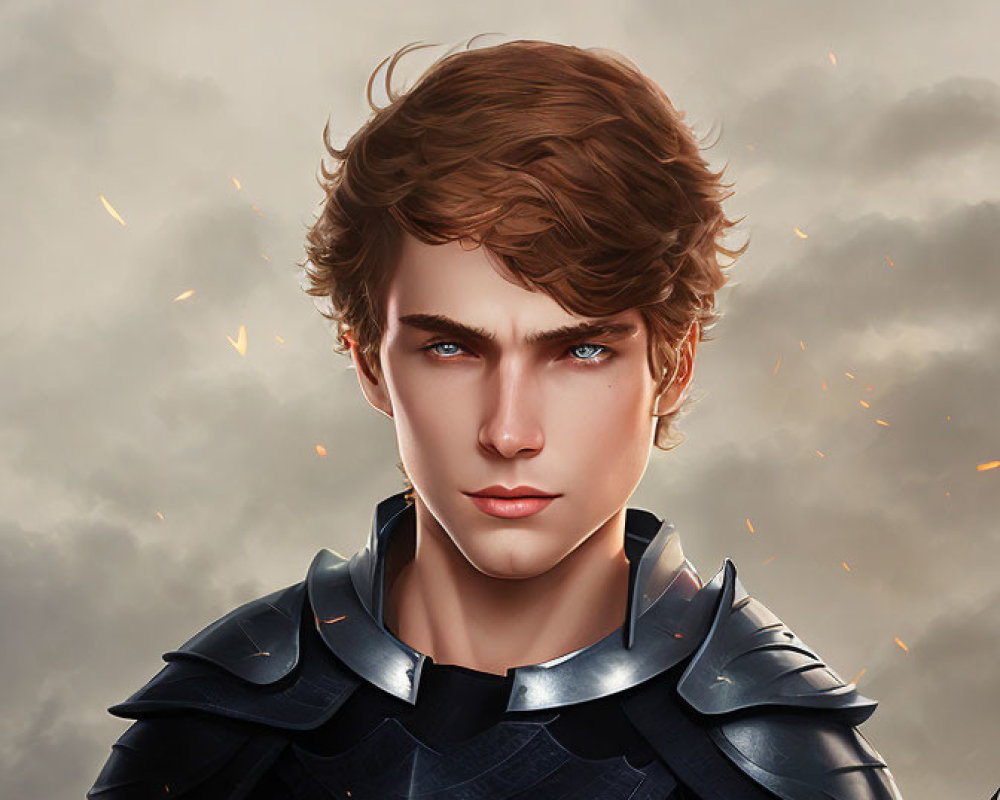 Young man in dark armor with shield emblem, blue eyes, brown wavy hair, amidst floating em