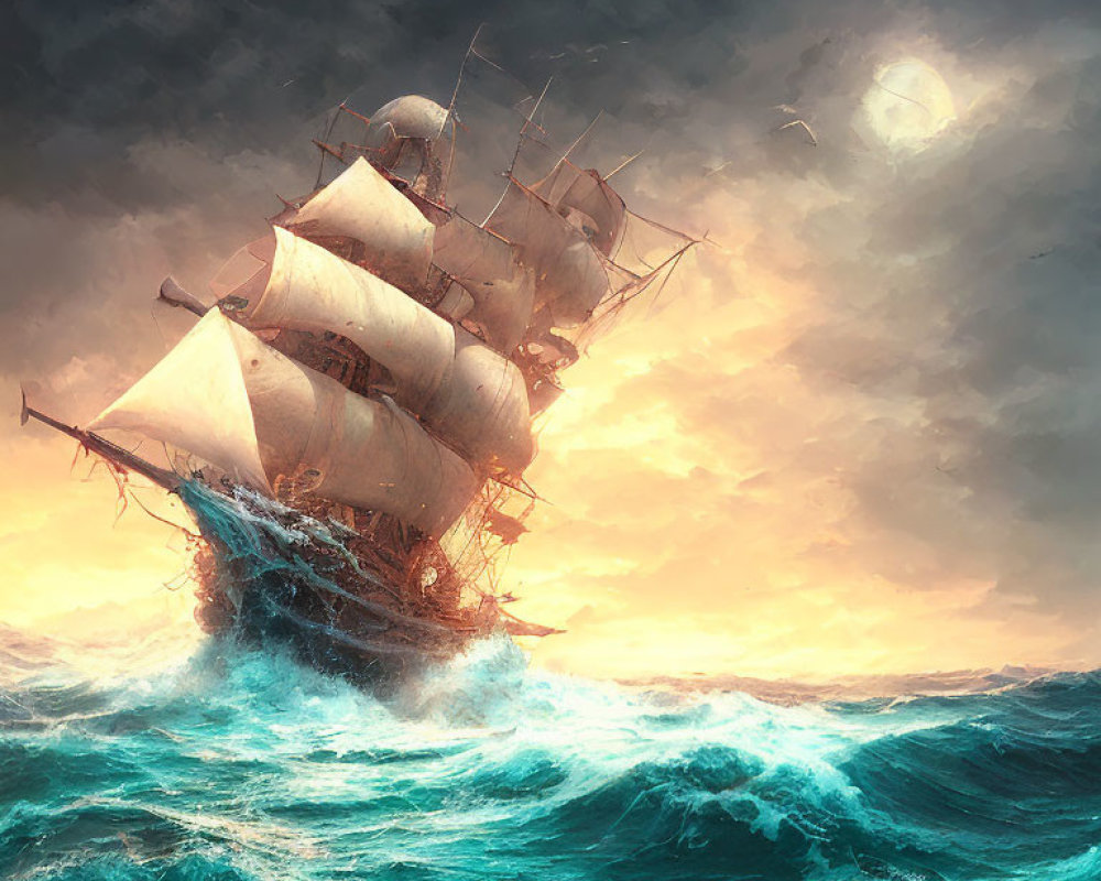 Sailing ship with billowing sails on turbulent seas at sunset