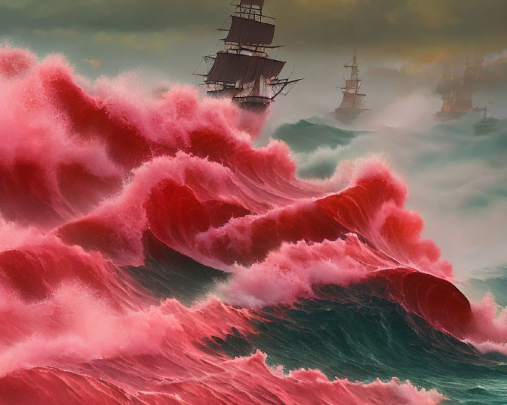 Tall ships sailing on pink-tinged waves under stormy sky