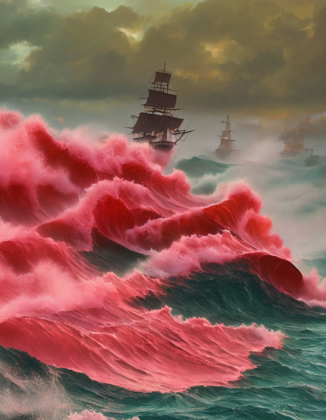 Tall ships sailing on pink-tinged waves under stormy sky