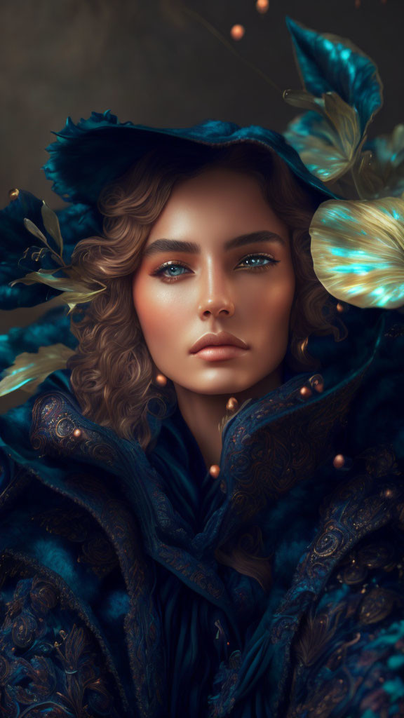 Curly-haired woman in blue cloak with butterflies