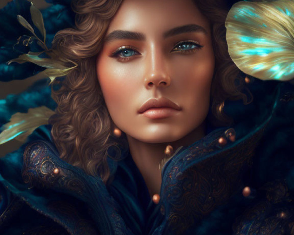 Curly-haired woman in blue cloak with butterflies