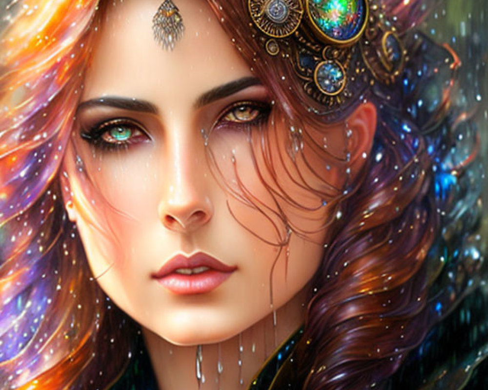 Digital artwork: Woman with multicolored hair, jewel-encrusted accessories, and mechanical elements