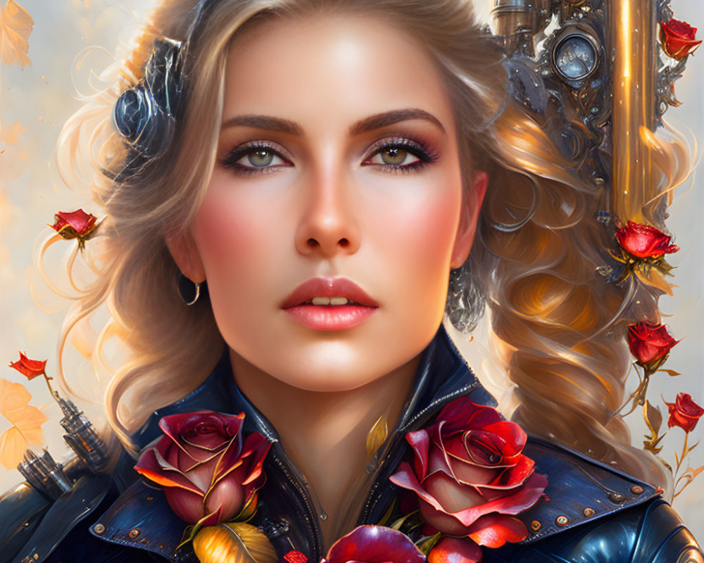 Digital artwork of woman with steampunk elements and roses, surrounded by autumn leaves